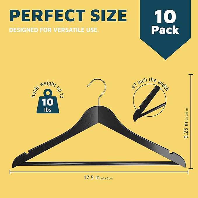 Lifemaster Wooden Clothes Hangers – with 360 Degree Swivel Hook and Non-Slip Shoulder Notch, Holds Up to 10 lbs, Pants Bar Design, for Organizing Suit, Dress, Coat, and Clothes, Pack of 10, Black