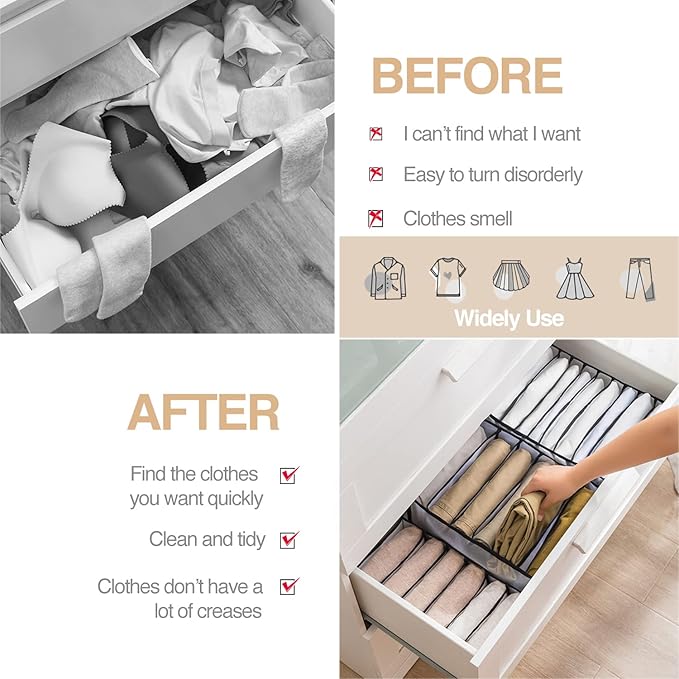 Wardrobe Clothes Organizer, 7 Grids Washable Portable Closet Organizer Mesh Separation Storage Box Foldable Closet Drawer Organizer for Underwear, Socks, Scarves, Jeans (Grey, 3 Jeans Grid)