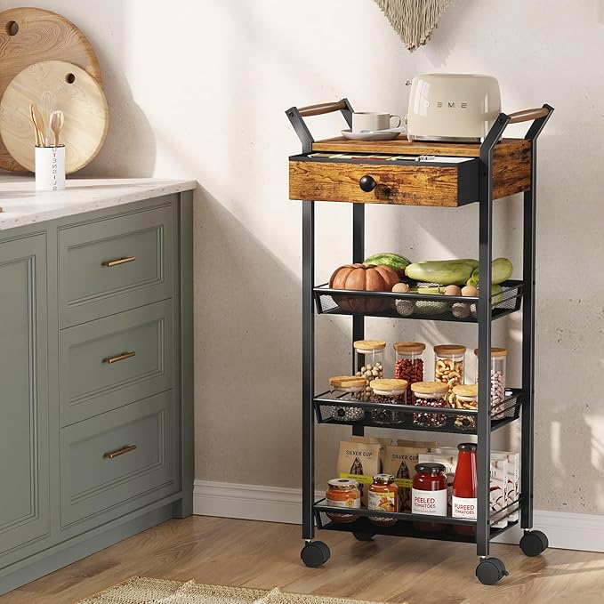 Large Fruit Vegetable Storage Cart, 5-Tier Kitchen Rolling Cart with Wheels & Drawer, Metal Wire Storage Basket Organizer Baskets for Kitchen, Pantry, Bathroom