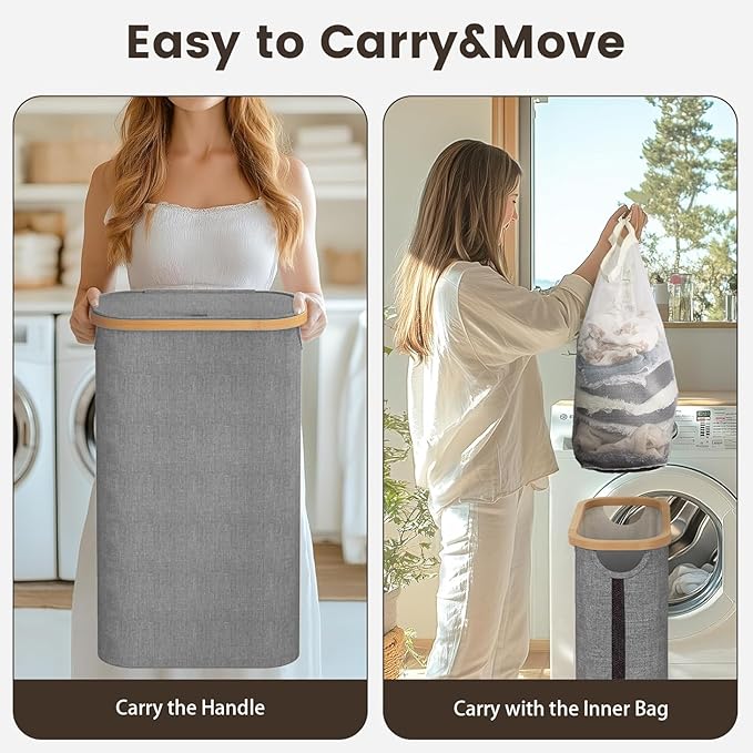 100L Laundry Basket with Lid, Clothes Hampers for Laundry with Bamboo Handles Large Foldable Laundry Hamper with Removable Inner Bag for Laundry Room, Bathroom, Bedroom and Dorm - Grey