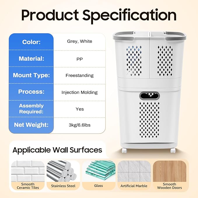 2-Layer Laundry Basket, Washing Storage Clothes Hamper w/Wheels, Vertical Rolling Laundry Cart, Bathroom Clothes Storage Basket Cart for Laundry, Towels, Blankets