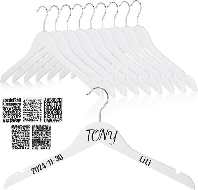Personalized Bride Hanger for Wedding Dress, Wooden Bridesmaid Hangers 10 Pack and 15 Pcs Letter Stickers for Tuxedo Suit Wedding Gift Bridal Party Shower DIY Special Names Dates (White)