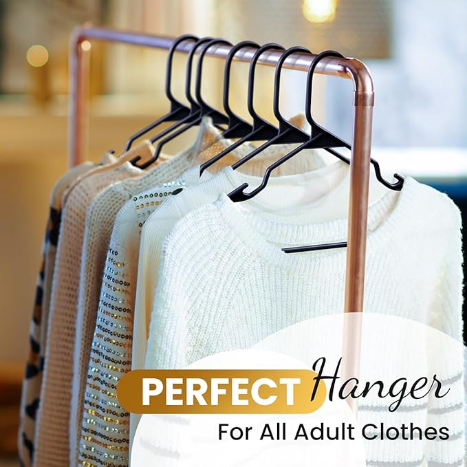 30 Pack Adult Plastic Hanger for Shirt Pants Coats Dresses Skirts Suits Jackets - Standard Thick Coat Hanger - Sturdy & Durable Design with Shoulder Grooves Hook - Black