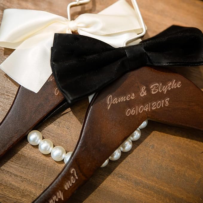 2 Pcs Personalized Wedding Hanger for Bride and Groom, Wooden Bride Hanger, Custom Mr and Mrs Hangers with Bow Tie for Tuxedo, Bridal Party Shower, Wedding Gift