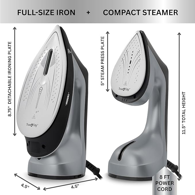 True & Tidy 2-in-1 Iron and Handheld Steamer, 1600W Dual Heating System with Ceramic-Coated Plate, LCD Display, No-Drip Technology, 3 Fabric Modes, Portable Garment Steamer for Home & Travel