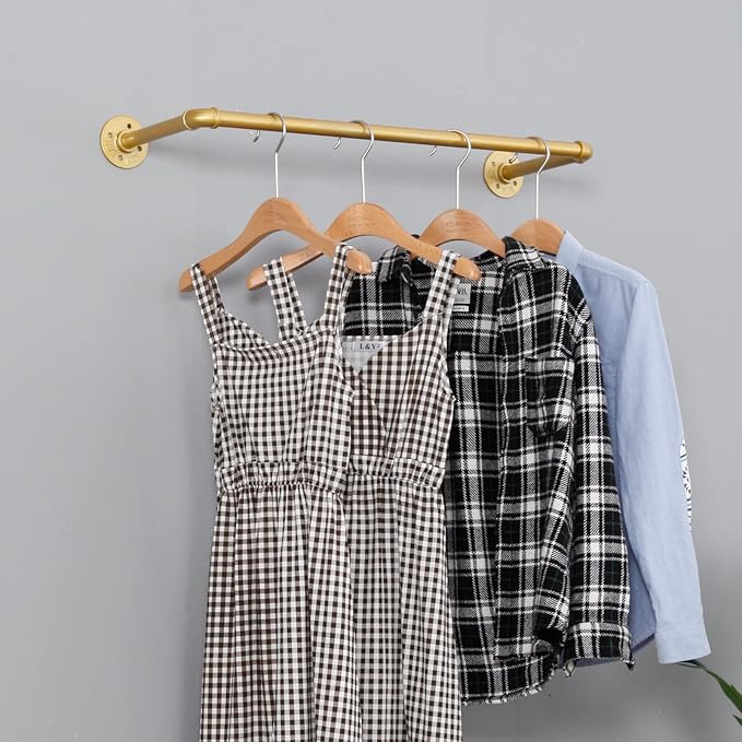 Industrial Pipe Clothing Rack Wall Mounted,Vintage Retail Garment Rack Display Rack Cloths Rack,Metal Commercial Clothes Racks for Hanging Clothes,Iron Clothing Rod Laundry Room (Gold, 31in)
