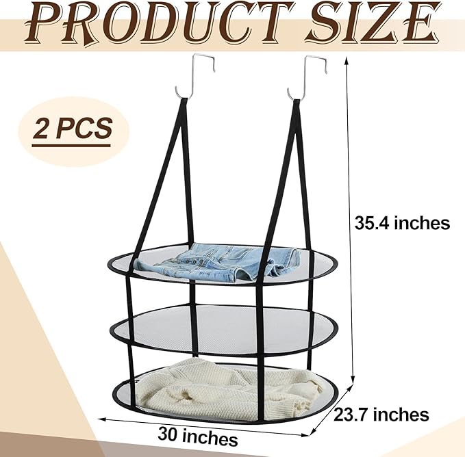 2 Pcs 3 Tier Sweater Drying Rack Flat Over The Door Folding Drying Rack Large Lay Laundry Hanging Dryer Mesh Clothes Dry Hanger for Apartments Dorms Bathrooms (Black,30 x 23.7 x 35.4 Inch)