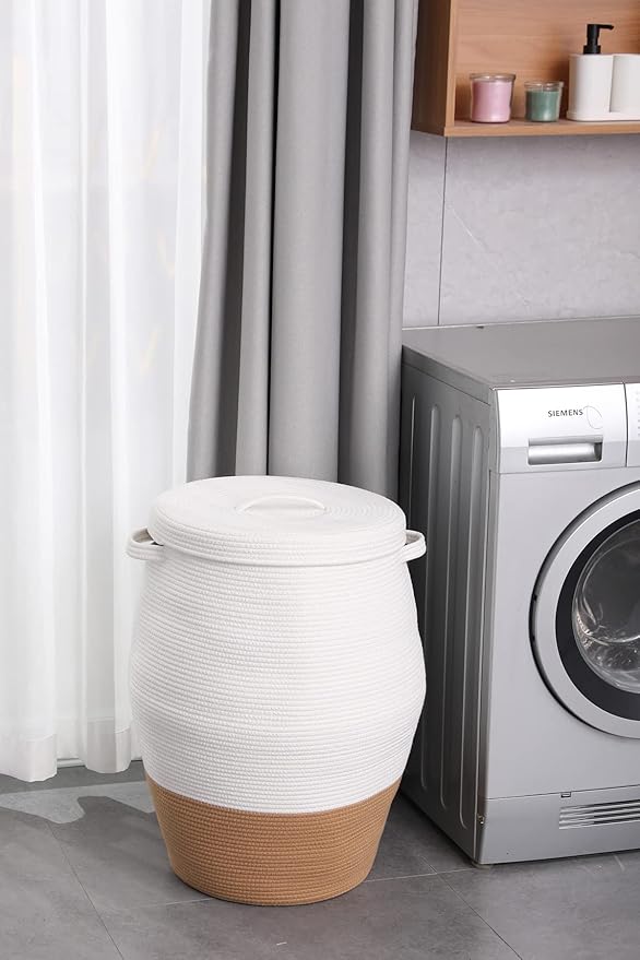 26"x20" Handcrafted Tall Cotton Rope Basket with Lid, Stylish Flagon Shape with Cover, Clothes Hamper with Top, for Bedroom and Living Room, White/Camel Bottom