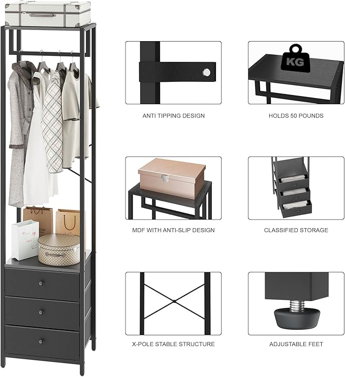 YMYNY Coat Racks, Clothes Rack with Drawers, Freestanding Tall Closet Organizer with 3 Fabric Drawers, Clothes Stand for Hanging Shirts, Coat,15.35" L×11.41" W×70.47" H, Black UHGR001B