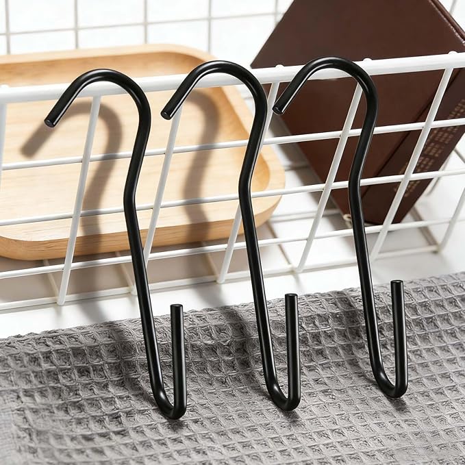 12 Pack Heavy Duty S Hooks, Black Pot Rack Holder Hanger Hooks Wire Shelf Hooks for Hanging Kitchen Utensils, Pots, Pans, Clothes, Towels, Plants with 90 Degree Twist Angled