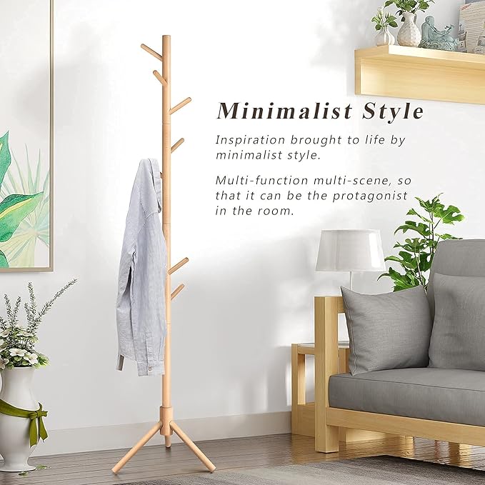 Coat Rack Freestanding Stand Adjustable Coat Tree with 4 Sections 8 Hooks Easy Assembly Beech Wood Coat Jackets Hanger for Hat, Purse Holder, Bedroom, Office, Hallway, Entryway
