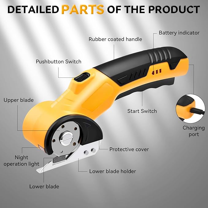 HomeBeyond High Speed Cardboard Cutter, Box Cutter Fabric Scissor with Safety Lock, LED Light & Replacement Blade, Rechargeable Cordless Electric Scissors for Cardboard, Fabric, Leather, Carpet