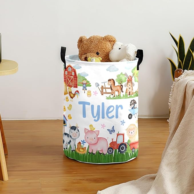 Large Custom Name Laundry Hamper, Farm Personalized Dirty Clothes Hamper Storage Basket with Name for Bathroom Bedrooms, Customized Name Circular Hamper with Handles for Baby Boys Girls Men Women