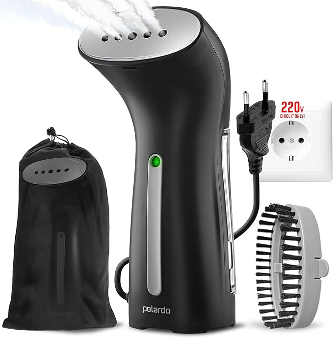 Steamer for Clothes for Europe 220V, Handheld Portable Travel Garment Steamer, Metal Steam Head, 25s Heat Up, Pump System, Mini Size, Hand Held Steamer for Any Fabrics, Black