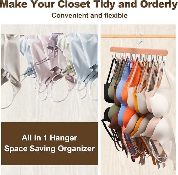 2 Pack Tank Top Hanger, 40 Hooks Large Capacity Bra Hanger, Bra Hangers for Closet Organizer & Storage, Tank Top Hangers Space Saving, Standard Hangers for Sports Bras, Tank Top (Wood, 2 Pack)