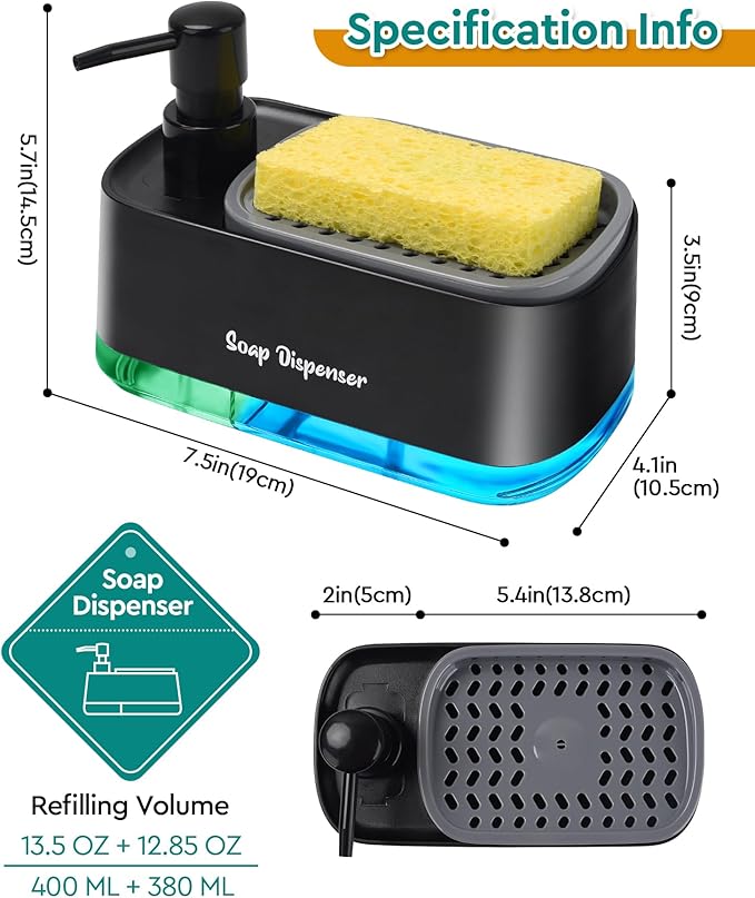 Kitchen Dish Soap Dispenser Set，Dish and Hand Soap Dispenser with Sponge Holder, 3-in-1 Countertop Sponge Dual Soap Pump Dispenser for Kitchen Sink - Black