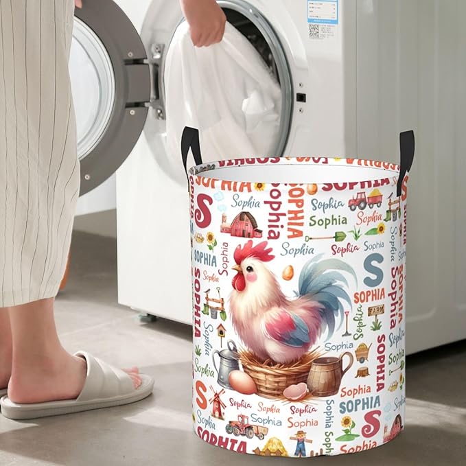 Personalized Farm Chicken Laundry Basket For Baby Kids Boys Girls Adult Custom Hamper Basket With Name For Bathroom Bedrooms Collapsible Baby Laundry Basket, Dirty Clothes Hamper With Handles