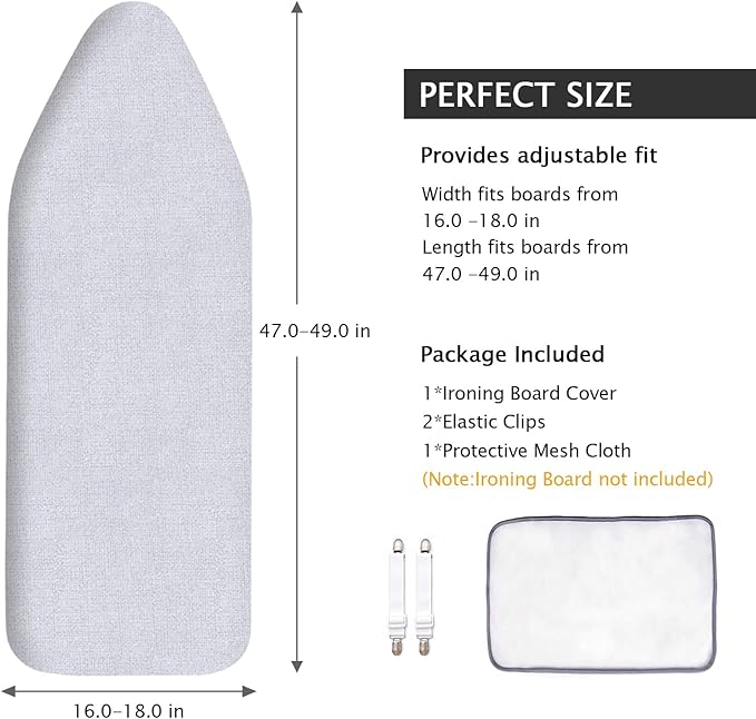 SheeChung Ironing Board Cover and Pad for Extra Wide 18"x49" Ironing Boards,Premium Heavy Duty 4-Layer Silicone Coated Cover with 2mm Foam and 4mm Felt,Resists Scorching and Staining (49”x18”,Size C)