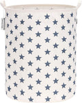 Sea Team 19.7 Inches Large Sized Waterproof Coating Ramie Cotton Fabric Folding Laundry Hamper Bucket Cylindric Burlap Canvas Storage Basket (19.7", Navy Blue Star)