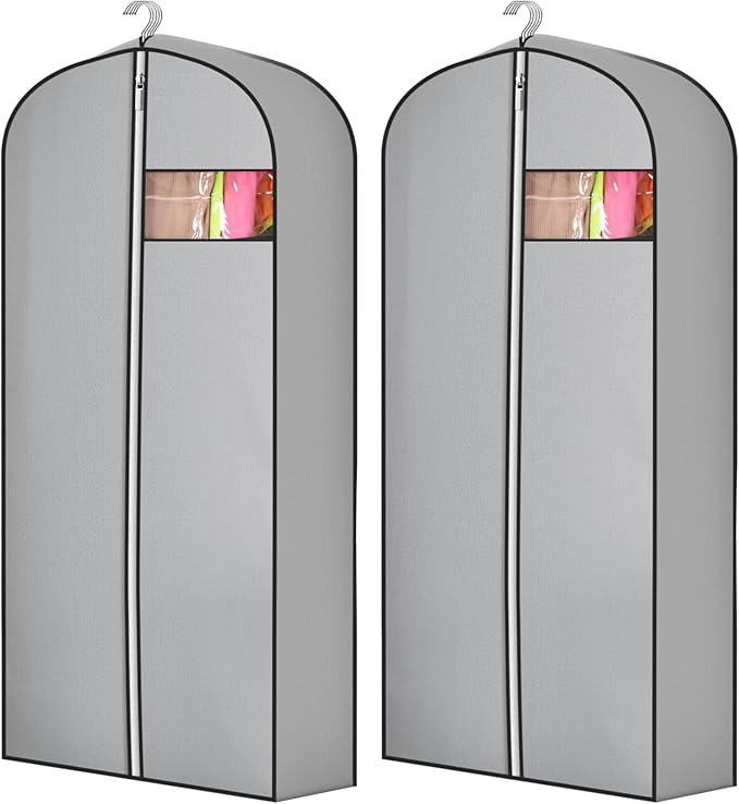 2 Pcs 10" Gusseted Garment Bags for Hanging Clothes Dress Bags for Gowns Long Closet Waterproof Garment Covers Wedding Dress Cover Traveling Clothes Protector(Gray,54 Inch)