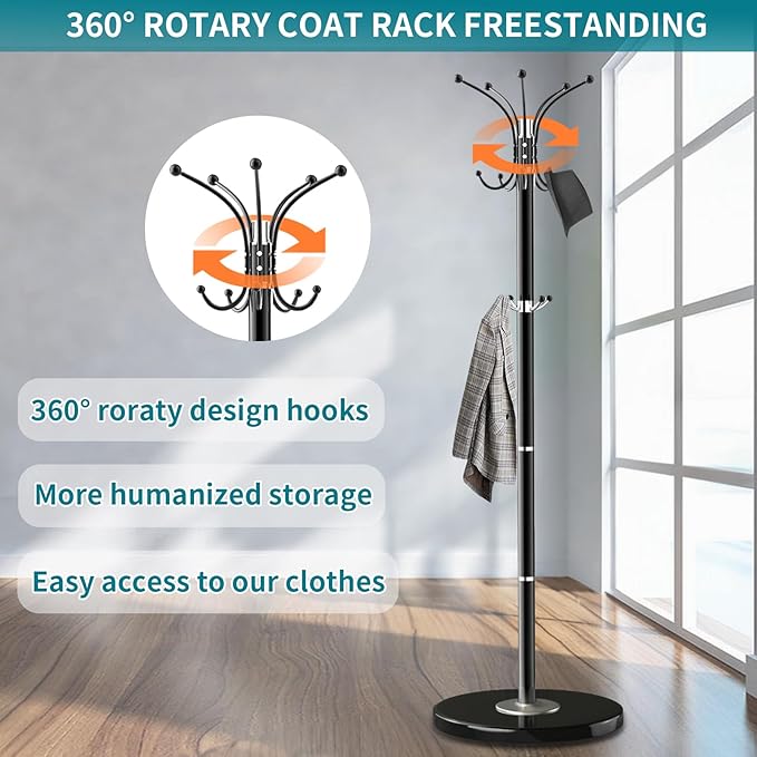 Coat Rack with Natural Marble Base, Metal Freestanding Coat Racks with 14 Hooks, 360°Rotary Coat Rack Stand for Hanging Scarf, Bag, Jacket, Black Coat Tree Hanger Holder Stand
