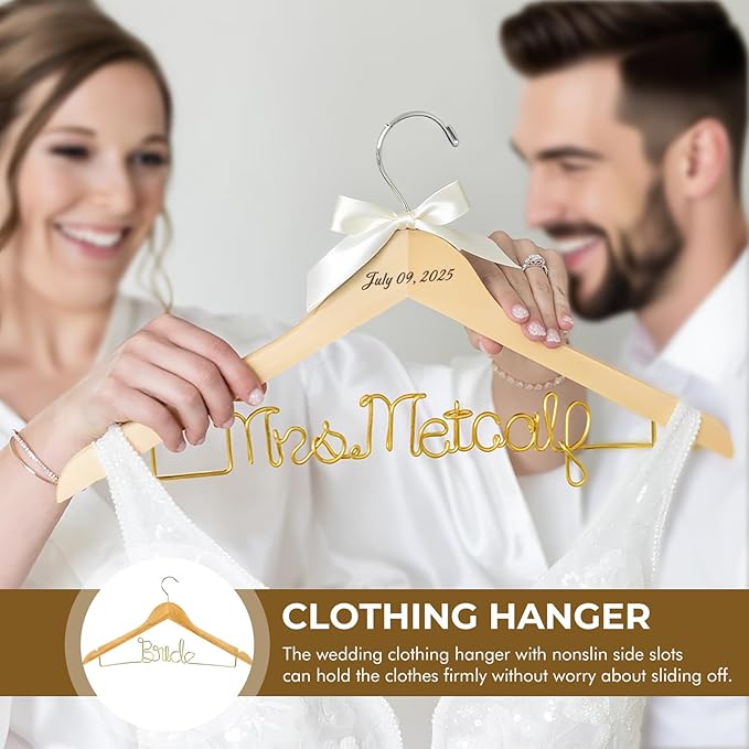 2 Pcs Personalized Wedding Hangers, Mr & Mrs Custom Hangars Name for Bride and Groom, Wooden Dress Hanger, 4 Colors Wedding Hangers for Bridal Shower, Engagement, Anniversary, Bridesmaid Gift