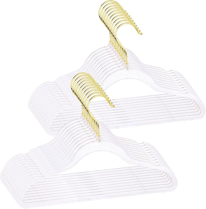 20-Pack Kids Glitter Clothes Hangers – Sparkly Non-Slip 12.5in (32cm) Slim Hangers for Nursery Closet Organization, Gold Glitter with Matching Hook