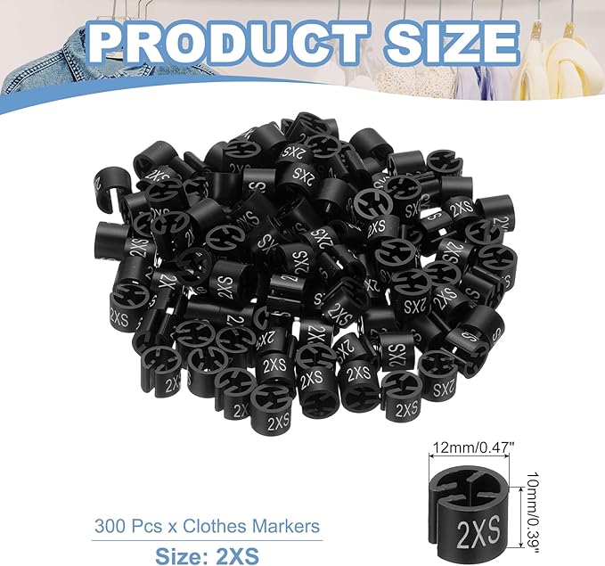 PATIKIL 300 Pcs Clothes Hanger Markers 2XS Fit Rod Garment Size Tag Hanger Clips Round Color Coding Label for Clothing, Black