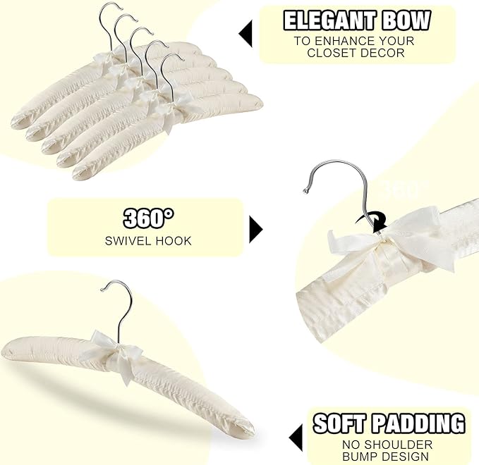 Jetec 16 Pieces Satin Padded Hangers for Women Clothing 15 Inch Satin Hangers 360° Swiveling Hook Sponge Shoulder Padded Hanger for Sweaters, Coat, Blouse, Wedding Dress, Women Cloths (Beige)
