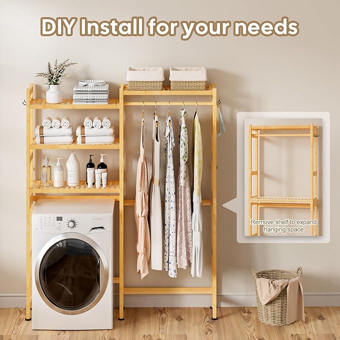Over The Washer and Dryer Storage Shelf Bamboo,5 Tiers Laundry Room Drying Rack with Adjustable Shelves and 4 Hooks,Space Saver Organizer for Hanging Clothes and Towels (Natural)