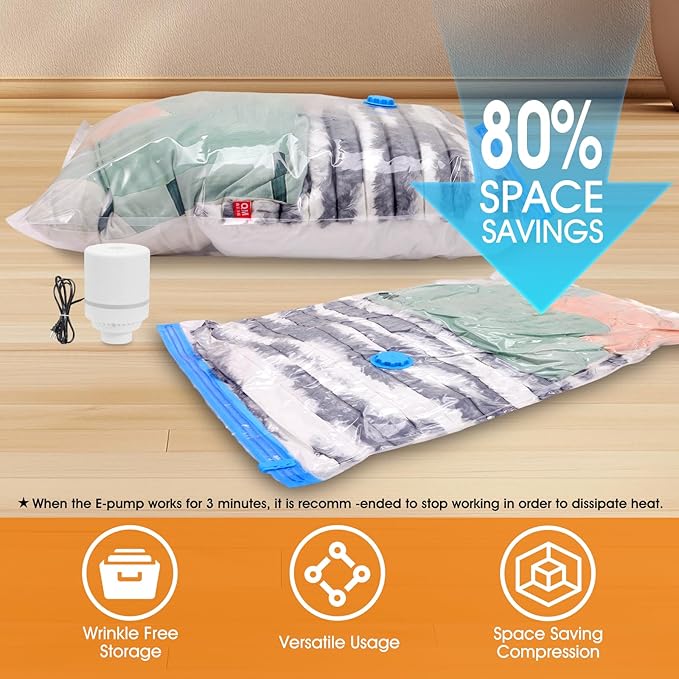 AROIC 50 Pack Vacuum Storage Bags, 5 Sizes + 2 Roll-up (8 Each) Space Saver Vacuum Sealer Bags for Clothing with 1 Electric Pump and 1 Hand Pump, Seasonal Storage Bags for Luggage, Travel Essentials