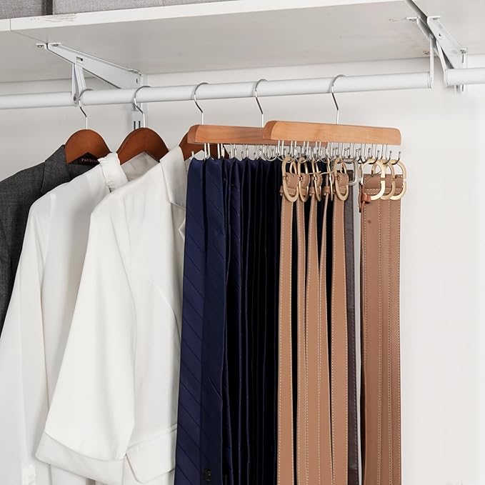 Bra Hanger for Closet Organizer, Wooden Tank Top Hangers with 20 Foldable Hooks, 360° Rotating Design, Space Saving Storage for Tank Tops, Bras, Scarves, Belts, Ties etc (1, Wood)