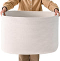 White Laundry Basket, Blanket Baskets for Living Room, Cotton Rope Baskets for Storage, Woven Basket for Blankets, Toys, Clothes, Shoes, White, 25”x16”x16” (105L)
