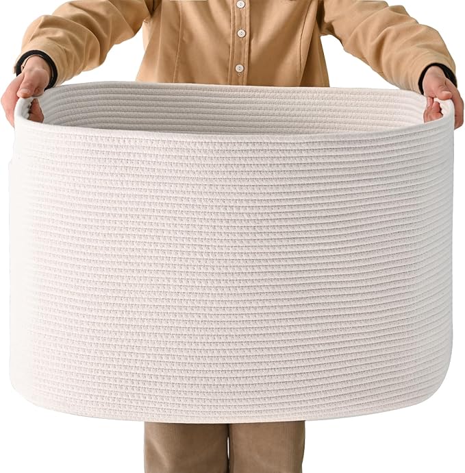 White Laundry Basket, Blanket Baskets for Living Room, Cotton Rope Baskets for Storage, Woven Basket for Blankets, Toys, Clothes, Shoes, White, 25”x16”x16” (105L)