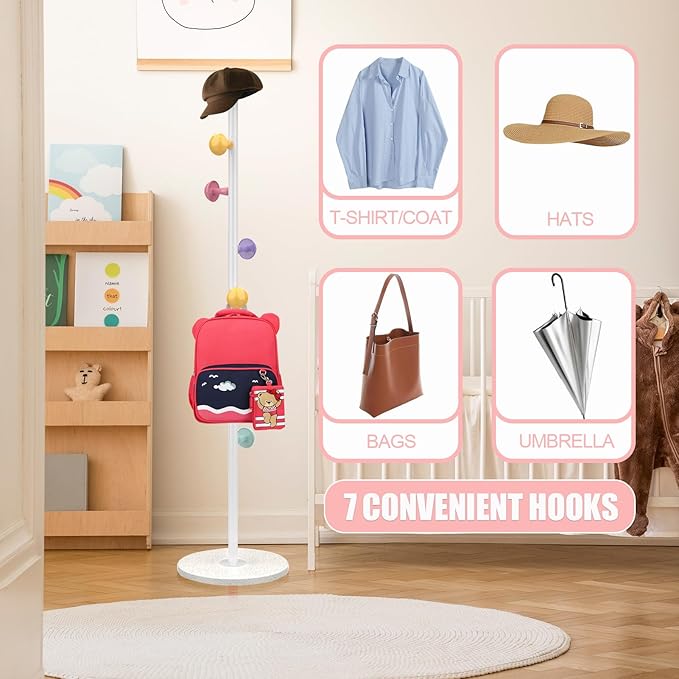 Mushroom Coat Rack, Metal Coat Tree Stand with 7 Hooks and 2 Adjustable Height, Coat Rack Freestanding, Easy to Assemble Coat Tree Stand Clothes Hanger for Entryway, Hallway, Bedroom, White