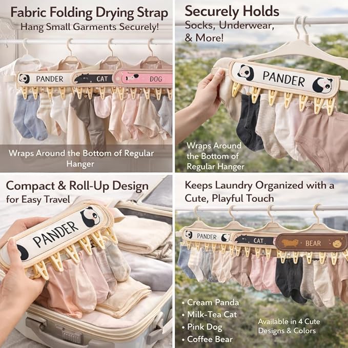 FOLAI 4-Pack Portable Fabric Products Travel Hangers Foldable Suitcase Clothespin Small Clothes pin Rack with 6 Clips（Animal-Themed）