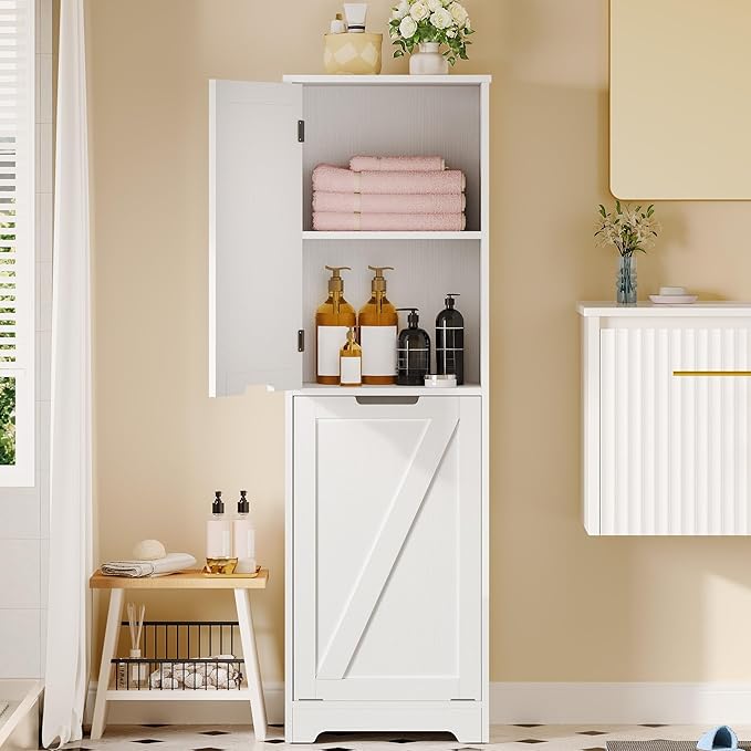 DWVO Tilt Out Laundry Hamper - 53" Tall Bathroom Storage Cabinet Laundry Cabinet with Adjustable Shelves and Clothes Basket, Hamper Cabinet Shelf for Laundry Room Bathroom Organizer, White