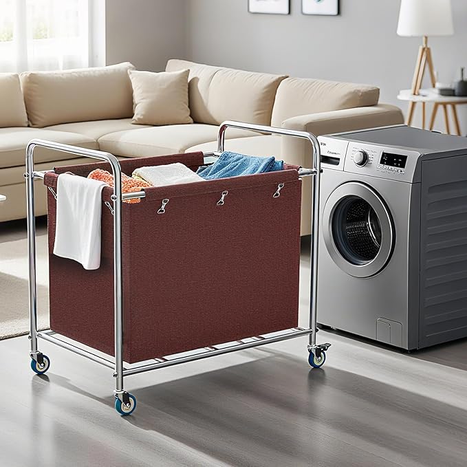 Commercial Laundry Cart with Wheels, 400L Heavy Duty Laundry Cart on Wheels for Home & Hotel, Waterproof Oxford, Sturdy Steel Frame, Easy to Install(Brown)