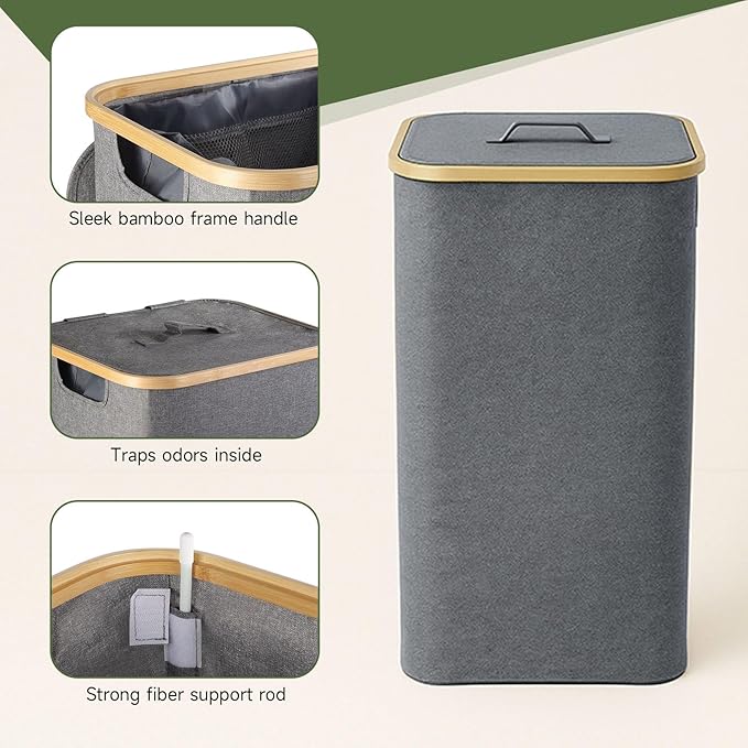100L Foldable Laundry Basket with Lid, Dirty Clothes Hamper for Dormitories and Gyms | Laundry Hamper with Removable Bag, Gray