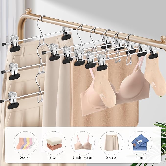 HUADYMEET 14Inch Pants Skirt Hangers Space Saving with Adjustable Wide Clips,Heavy Duty Stackable Non-Slip Metal Clothes Hanger for Men, Women, Jeans, Trousers, Shorts, Slacks,20 Pack（Black）
