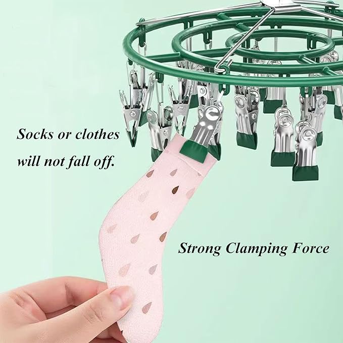 Stainless Steel Coat Sock Drying Rack with 24 Clips, Swivel Hook Windproof Clothes Hanger Rack for Sock Bras Towel Underwear Hat Scarf Gloves Pants Laundry Clothes (Emerald Green Clips)