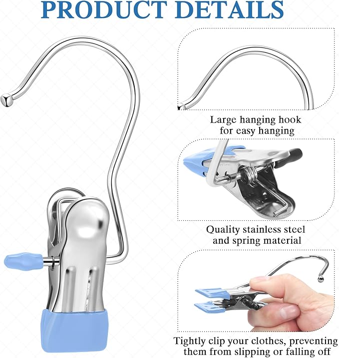 Yinder Boot Hangers Clips Laundry Hooks Hanging Stainless Steel Clothes Pins Portable Hangers for Closet Travel Socks Pants Handbags Hats Towels (Blue,60 Pcs)