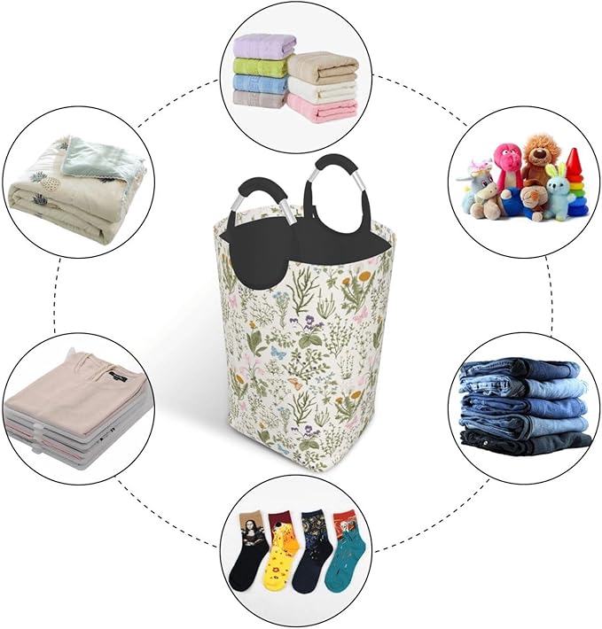 Floral Laundry Basket Vintage Botanical Laundry Hamper Plants Herbs Collapsible Baskets with Handle Dirty Clothes Hamper Bag for Dorm Family Bathroom Decor Storage 50L