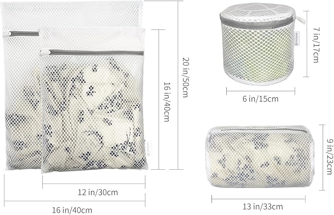 4PCS Honeycomb Mesh Laundry Bags for Delicates with Zipper, Clothing Washing Bags for Underwear, Lingerie, Bra, Blouse, Hosiery, Pants, Stocking, Socks,Extra Strong(1Bra,1Cylin,1S,1M,)