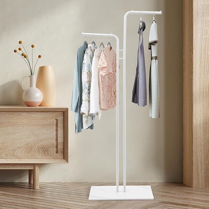 67in-White Clothing Rack with Base, Double Rod Freestanding Coat Rack Hanging Clothes, Bags, Hat and Shoes for Entryway Bedroom Garment Organizer, Clothing Stores Boutique Retail, Studio