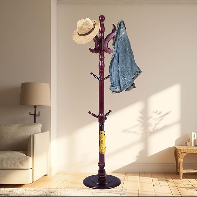 Solid Wood Coat Rack Freestanding with 14 Hooks Antler Shaped,72'' Adjustable Heights Sturdy Coat Racks Tree for Coats Hats Bags,Vintage Wood Coat Tree Hanger Stand for Living Room,Entryway,Office