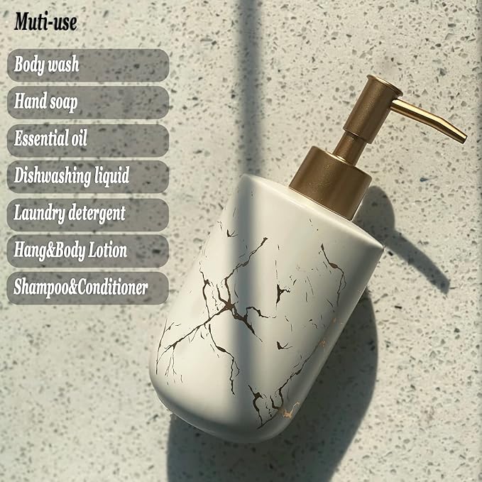 Gold Ceramic Soap Dispenser with Marble Pattern - Liquid Hand Soap Dispenser Pump Bottle (White)