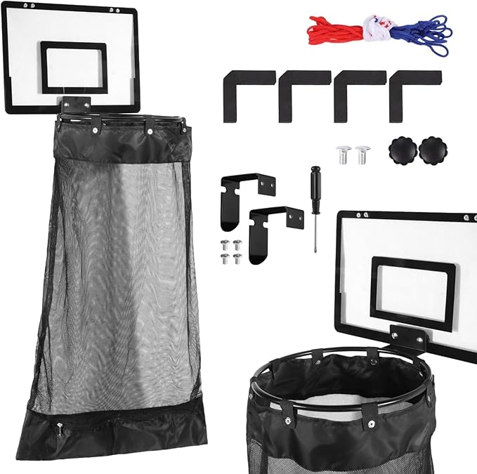 Over the Door Basketball Laundry Hamper, Hanging Laundry Basket with Basketball Hoop, Basketballs Laundry Hamper with Zipper, Removable Basketballs Hoop Laundry for Room Bathroom (Black)