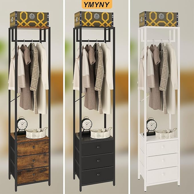 YMYNY Coat Racks, Clothes Rack with Drawers, Freestanding Tall Closet Organizer with 3 Fabric Drawers, Clothes Stand for Hanging Shirts, Coat,15.35" L×11.41" W×70.47" H, Black UHGR001B