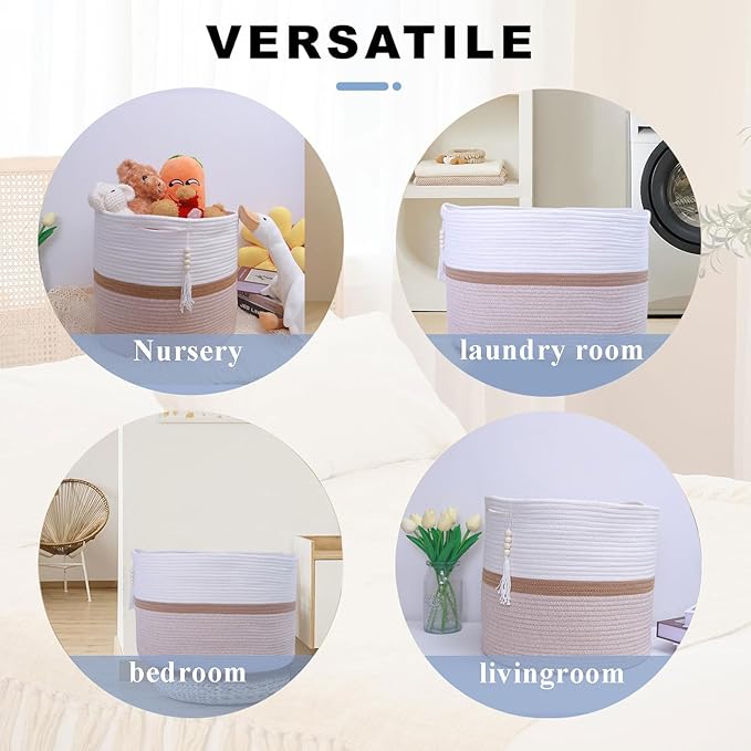 Cotton Rope Storage Bin,Natural Handmade Woven Hamper for Living Room,Blanket Basket for Clothes, Pillows, Towels (brown, 100L)